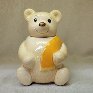 Vintage Metlox Porcelain Bear Cookie Jar Yellow/ Cream With Scarf